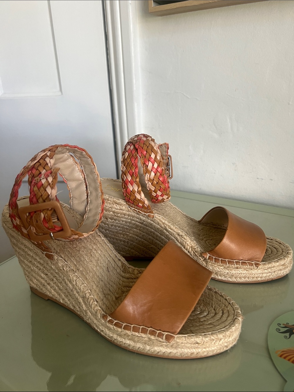 Seychelles Tan Leather Wedge Sandals with Multicolor Braided Ankle Straps